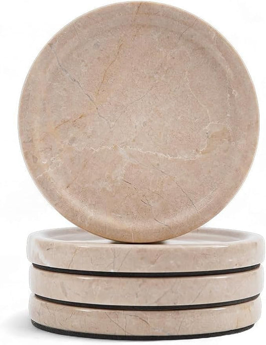 Marble Coasters Set of 4 Verona 4 Inches Round Coaster Set Natural Stone Drink Coasters, Coaster for Drinks, Coffee Table, Kitchen, Bar Décor and Ideal