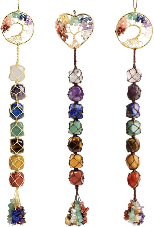 3 Pieces of 7 Chakras Healing Crystals and Tree of Life Wall Hanger Tumbled Gemstones Meditation Hanging Ornament Christmas Tree Memorial Hanging Pendant (Style 3)