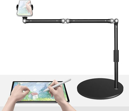 Heavy Duty Overhead Phone Mount for Desk, 17 in Long Arm iPhone Holder, 360° Swivel Stand for Video Recording, Filming, Live Streaming, Cooking, Painting, Crafting