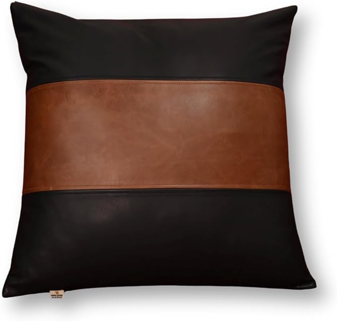 Lambskin Leather Pillow Cover - Sofa Cushion Case - Decorative Throw Covers for Living Room & Bedroom, 22x22 Inches - Black and Tan Crunch Plain Pack of 1