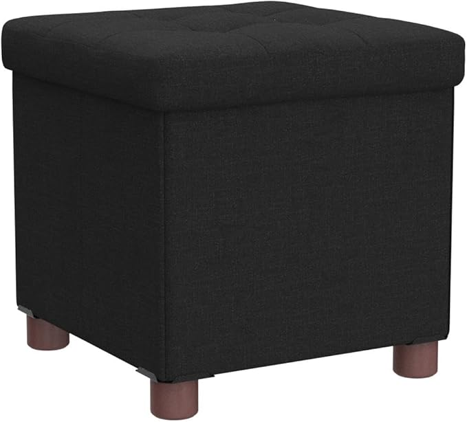 15 Inch Storage Ottoman with Wooden Legs - Cube Foot Rest Stool, Square Footstool, Comfortable Seat with Lid, Foldable Fabric Ottoman, Space-Saving Black