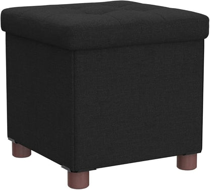 15 Inch Storage Ottoman with Wooden Legs - Cube Foot Rest Stool, Square Footstool, Comfortable Seat with Lid, Foldable Fabric Ottoman, Space-Saving Black