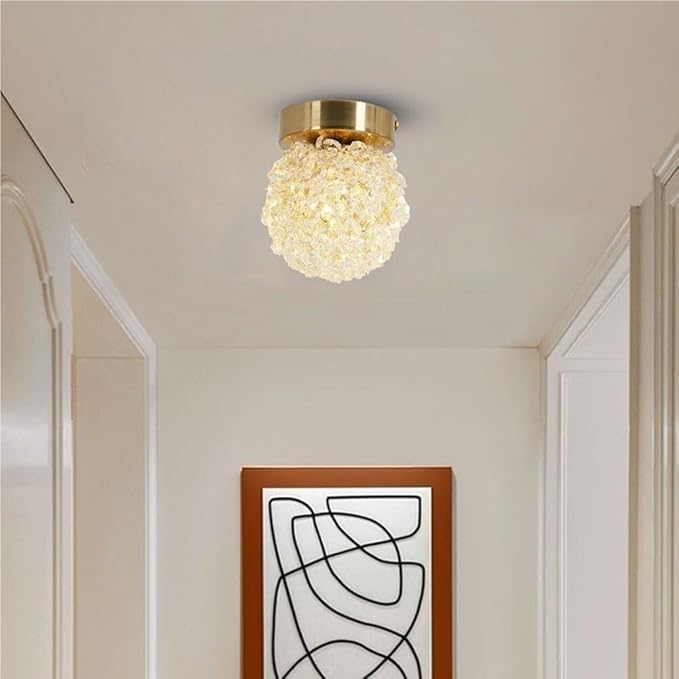 Modern Crystal Flush Mount LED Ceiling Light Brass Color Iron Electroplating Spherical Ceiling Lamp Small Hallway Entryway Corridor Decorative Lighting Fixture