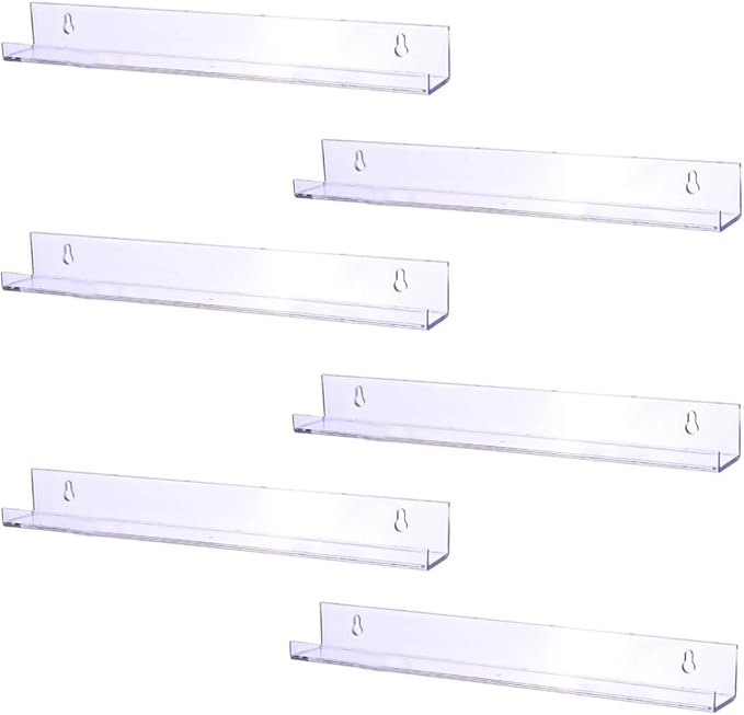 Sooyee 6 Pack 15 Inch Acrylic Invisible Kids Floating Bookshelf for Kids Room,Modern Picture Ledge Display Toy Storage Wall Shelf,Clear