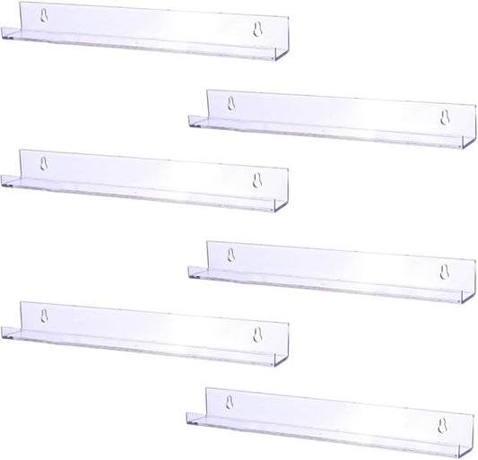 Sooyee 6 Pack 15 Inch Acrylic Invisible Kids Floating Bookshelf for Kids Room,Modern Picture Ledge Display Toy Storage Wall Shelf,Clear