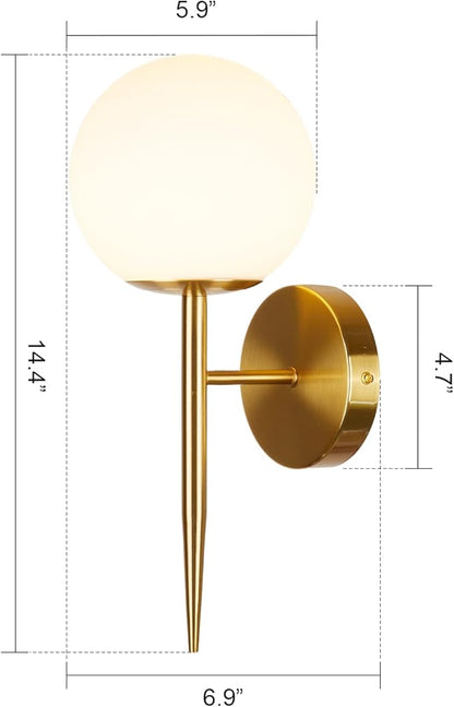 Modern Gold Globe Wall Sconce Decor Set of 2, Industrial Mid Century Bathroom Vanity Wall Light with White Globe Glass Shade Brushed Brass Wall Lamp for Restaurant Living Room Bedside Stairs