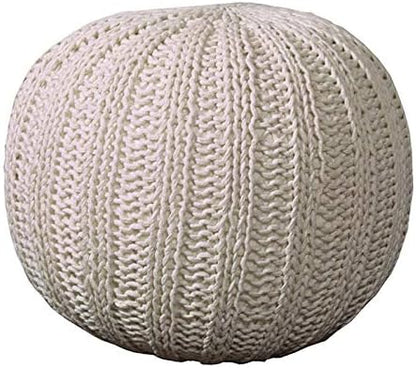 LR Home Beige Cableknit Round Cotton Ottoman for Home Décor | Hand-Made Farmhouse Foot Rest for Bedroom & Living Room Décor | 20 x 20 x 16 Stuffed Pouf for Seating