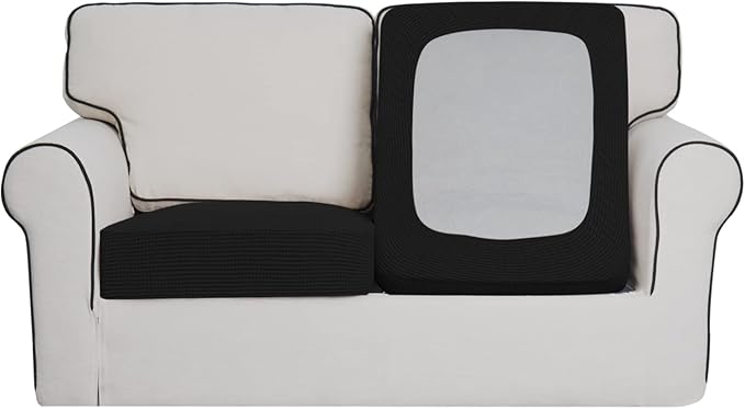 Easy-Going Stretch Individual Loveseat Couch Cushion Cover Sofa Cushion Furniture Protector Sofa slipcover Soft Flexibility with Elastic Bottom (2-Piece Loveseat Cushion Cover, Black)