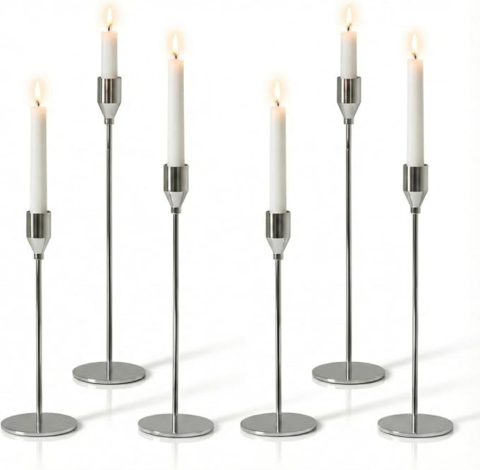 Solid Taper Candle Holders Set of 6, Luxury Silver Long Skinny Candlestick (Heights: 9/11/13 Inch), Heavy Iron Anti-Slip Base for Fireplace Mantle Table Centerpiece Dining Decor