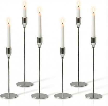 Solid Taper Candle Holders Set of 6, Luxury Silver Long Skinny Candlestick (Heights: 9/11/13 Inch), Heavy Iron Anti-Slip Base for Fireplace Mantle Table Centerpiece Dining Decor