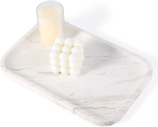 Marble Vanity Tray, Marble Bathroom Tray Countertop, Decorative Trays for Dresser Organizer, White Stone Storage Serving Trays for Kitchen, Perfume, Jewelry Cathall Holder