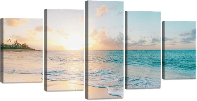 Goldfoilart 5 Pieces Beach Sunset Canvas Wall Art Blue Sea Prints Romantic Ocean Waves Pictures Painting for Living Room Bedroom Home Decorations Wall Decor Ready to Hang