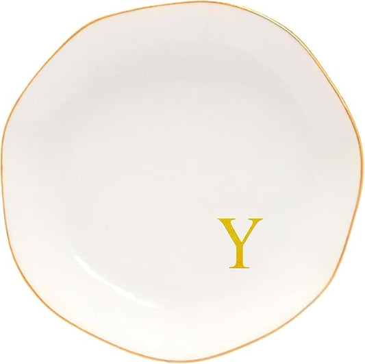 Ceramic Jewelry Tray Initial Ring Dish Personalized K-Monogrammed Engagement Wedding Gifts, for Birthday Mother's Day Christmas for Women, Ceramic White 4.75" (Y)