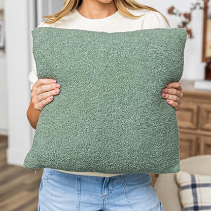 SAMIAH LUXE Green Teddy Boucle Pillow Covers 18x18 2pcs for Home Living Room Decor, Sherpa Textured Decorative Throw Pillow Covers for Boho Decor, Square Throw Cushion Euro Shams for Modern Farmhouse