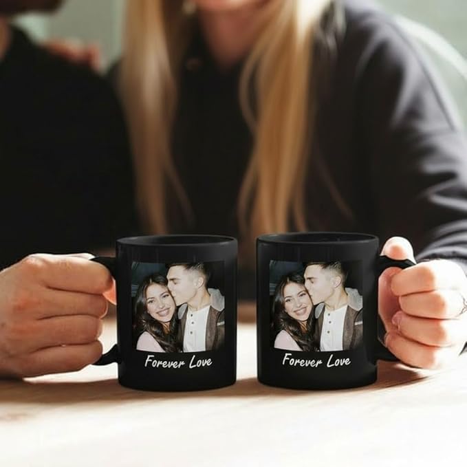 Custom Photo Coffee Mug, Personalized Forever Love Design Ceramic Cup for Anniversary Boyfriend Girlfriend Dishwasher Safe, 11oz (Black)