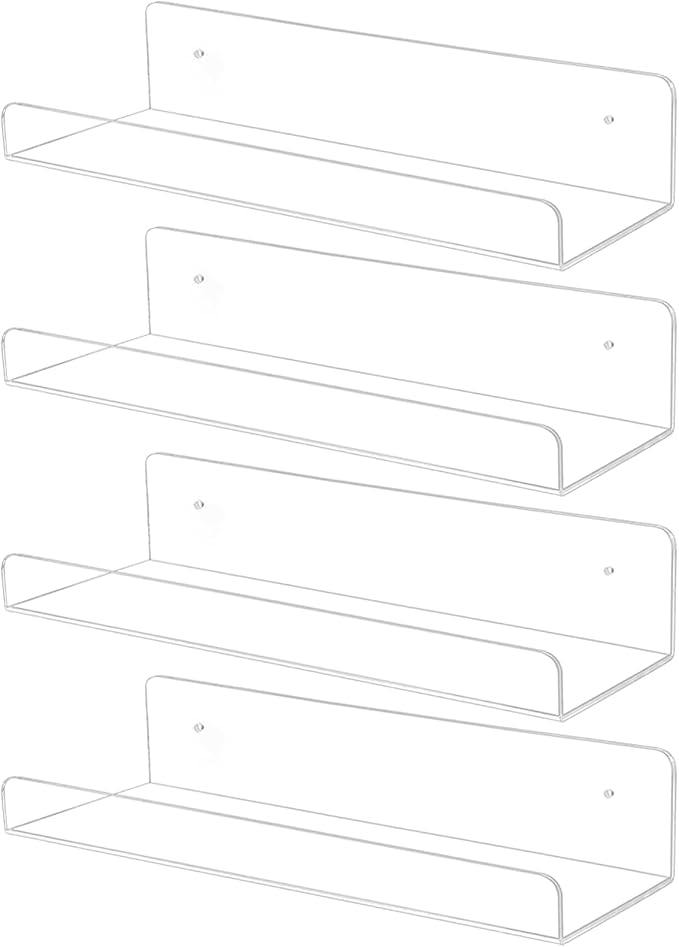 TONICE 4 Pack Acrylic Shelves for Wall 10in Floating Shelf Wall Mounted Set for Room, Bedroom, Bathroom, Kitchen, Living Room, Office Book Shelf Storage Decor