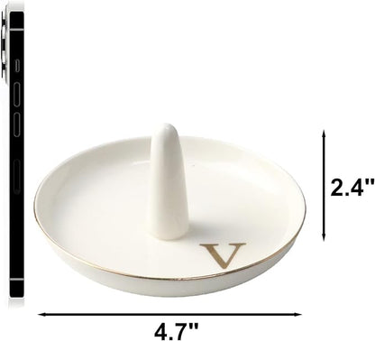 Ceramic Initials Jewelry Tray Ring Dish With Personalized V-Monogrammed Engagement Wedding Gifts, for Birthday Mother's Day for Women, Ceramic White 4.7" x2.4"