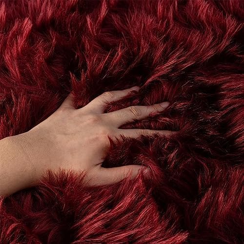 Fluffy Faux Fur Rug Burgundy Sheepskin Area Rug,4x6 Ft Ultra Soft Shaggy Plush Rug for Bedroom Bedside Living Room Nursery Kids Room