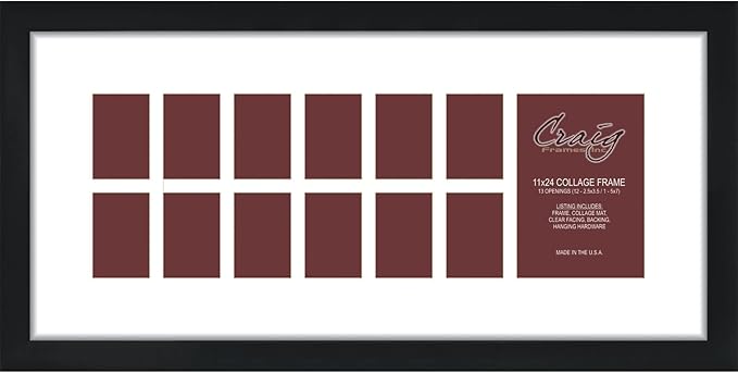 Craig Frames Contemporary, 11x24 Black Picture Frame with White Collage Mat, 13 Openings