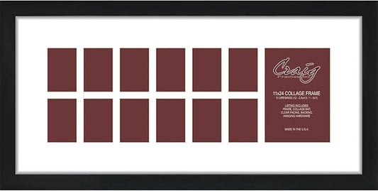 Craig Frames Contemporary, 11x24 Black Picture Frame with White Collage Mat, 13 Openings