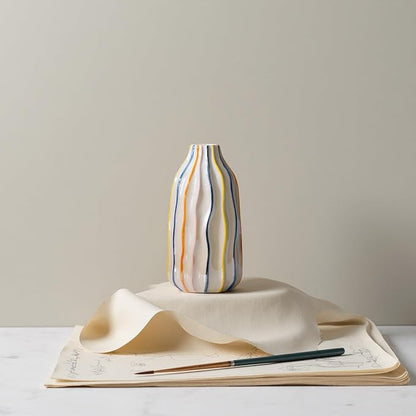 Handmade Beige Ceramic Vase with Colorful Stripes,Modern Boho Home Decor Centerpiece, Unique Holiday&Housewarming Present for Women (A)