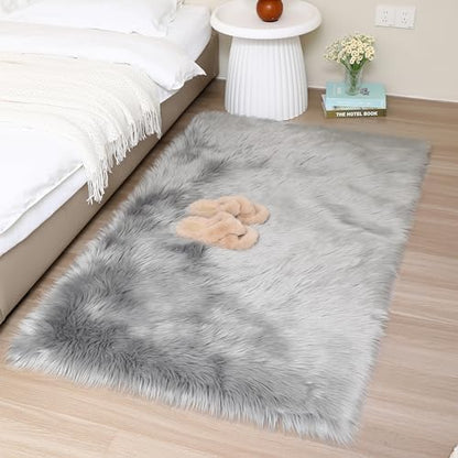 Fluffy Faux Fur Rug Gery Sheepskin Area Rug,4x6 Ft Ultra Soft Shaggy Plush Rug for Bedroom Bedside Living Room Nursery Kids Room