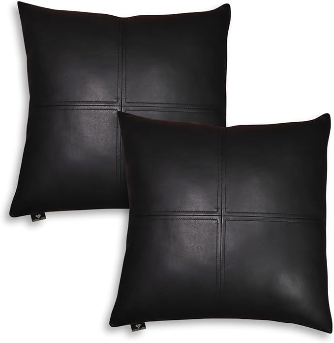 LL LEATHER LOVERS Lambskin Leather Pillow Cover, Hand Panel Stitched Leather Decorative Throw Pillow Covers for Couch Sofa Bed Living Room Garden (14x14 Inches, Black Pack of 2)