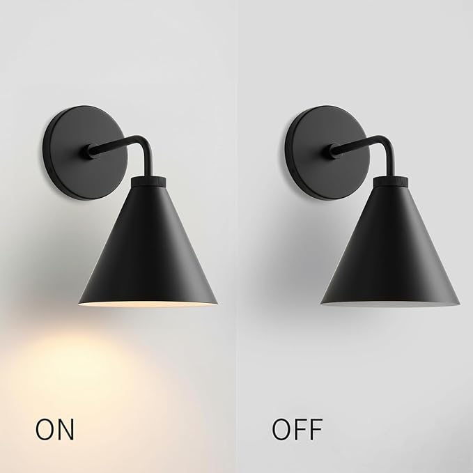 Retro Industrial Metal Cone Sconce Light - Vintage Inspired Modern Black Wall Sconce with Metal Shade, Wall Mount Lighting for Bedroom, Hallway, Living Room (10.5“W x 10.5" L x 12.5" H Black)