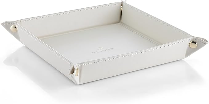 Vlando Valet Tray for Men Women, Nightstand Organizer Vanity Catchall Holder for Dresser Desk Storage Bedside, Travel PU Leather Jewelry Key Bowl Coin Watches and Candy Entryway Tray - Large, Beige