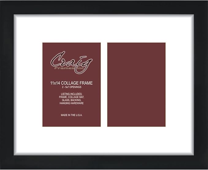 Craig Frames 11x14 Picture Frame - Black Contemporary Style, 1 inch Wood Composite Moulding, Smooth Wrap Finish, Glass, White Collage Mat with 2 Openings - Wall Display for 5x7 Photos