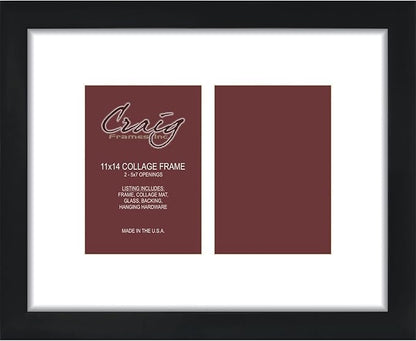 Craig Frames 11x14 Picture Frame - Black Contemporary Style, 1 inch Wood Composite Moulding, Smooth Wrap Finish, Glass, White Collage Mat with 2 Openings - Wall Display for 5x7 Photos
