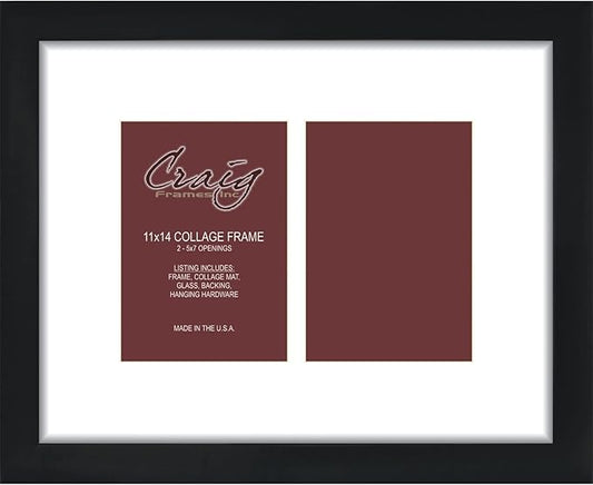 Craig Frames 11x14 Picture Frame - Black Contemporary Style, 1 inch Wood Composite Moulding, Smooth Wrap Finish, Glass, White Collage Mat with 2 Openings - Wall Display for 5x7 Photos