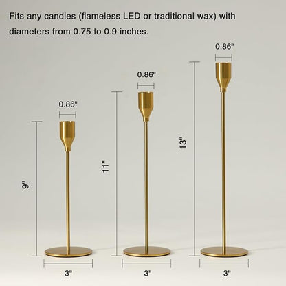 Solid Taper Candle Holders Set of 3, Vintage Brass Long Skinny Candlestick (Heights: 9/11/13 Inch), Heavy Iron Anti-Slip Base for Fireplace Mantle Table Centerpiece Wedding Decor