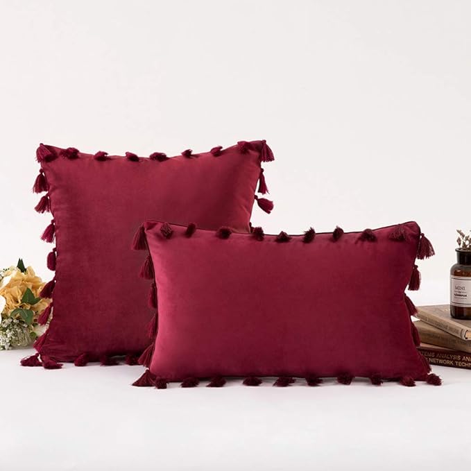 vctops Velvet Soft Solid Decorative Throw Pillow Cover with Tassels Boho Accent Cushion Case for Couch Bedroom Car Wine Red 12''x20''