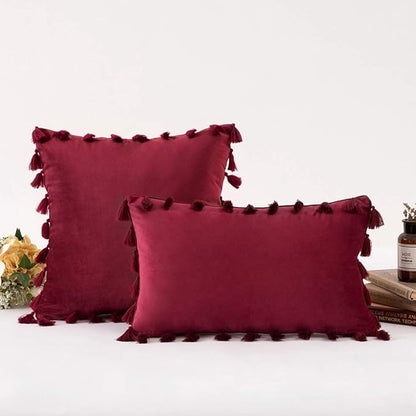 vctops Velvet Soft Solid Decorative Throw Pillow Cover with Tassels Boho Accent Cushion Case for Couch Bedroom Car Wine Red 12''x20''