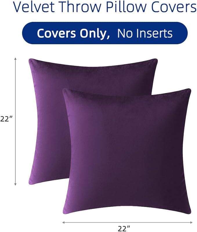 QUORGVES Purple Velvet Pillow Covers 22x22 Inch Set of 2, Soft Solid Decorative Square Throw Pillow Covers, Decor Cushion Covers for Bed Sofa Couch Bedroom Living Room