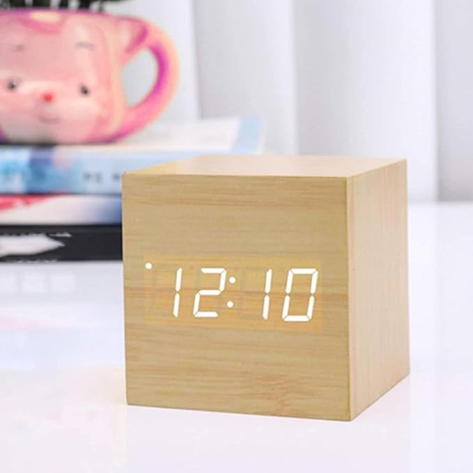 Digital Wooden Alarm Clock Bedrooms Clock with Temperature LED Display (No Battery) Wooden