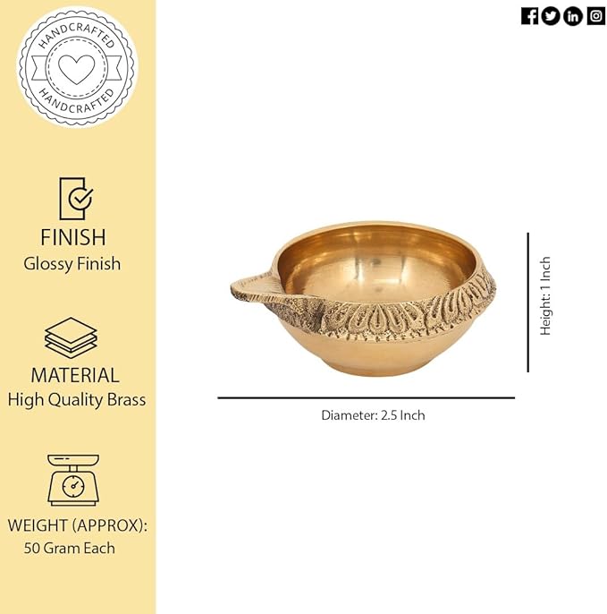 Hashcart Brass Kuber Diya Indian Puja Oil Lamp - Pack of 6 Pcs - Engraved Design - Diwali Diyas