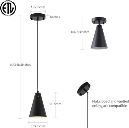Dijiahua Black Pendant Lights 3 Pack for Kitchen Island,Small Modern Industrial Chandeliers with Cone Metal Shade,Mini Adjustable Cord Hanging Lighting Fixtures for Over Sink,Bar,Dining Room
