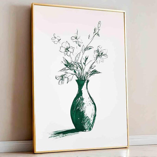 Vintage Floral Wall Art Flower Sketch Abstract Flower Picture Flowers In A Vase Wall Art Engrave Line Canvas Neutral Sketch Minimalist Mid Century Painting Living Room Decor 16x24inch No Frame