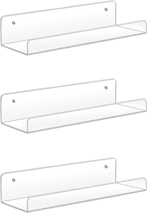 Sooyee Acrylic Shelves,3 Pack 15 Inch Floating Wall Shelves, Funko Pop Display Shelf,Invisible Kids Book Shelf,Picture Ledge Shelf Decor, Bathroom Wall Shelves,Clear