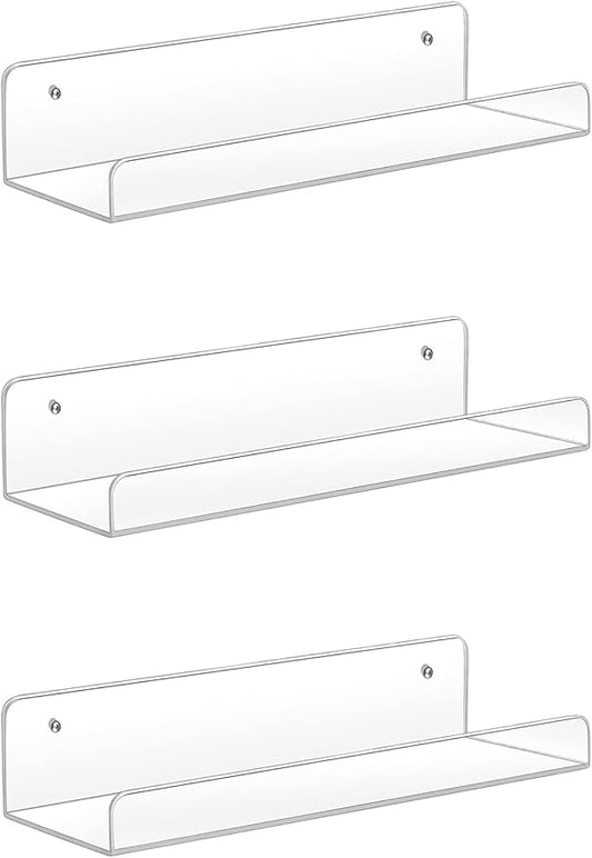 Sooyee Acrylic Shelves,3 Pack 15 Inch Floating Wall Shelves, Funko Pop Display Shelf,Invisible Kids Book Shelf,Picture Ledge Shelf Decor, Bathroom Wall Shelves,Clear