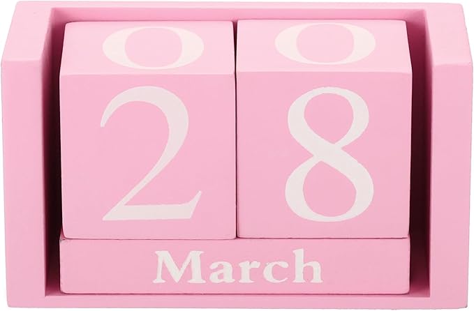 PATIKIL Vintage Wood Block Perpetual Calendar, Reusable Wooden Month Date Display Blocks for Desk Office Home Decoration 3.7", Pink