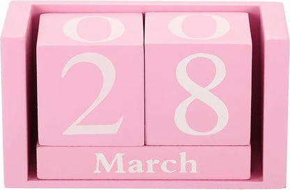 PATIKIL Vintage Wood Block Perpetual Calendar, Reusable Wooden Month Date Display Blocks for Desk Office Home Decoration 3.7", Pink