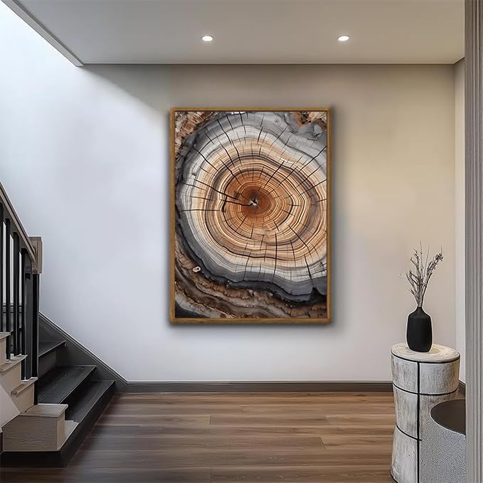 IBHJSART Framed Tree Ring Canvas Wall Art Vintage Colorful Wood Stump Painting Prints Modern Minimalist Pictures Neutral Nature Rustic Farmhouse Decor Living Room Bedroom Bathroom Office