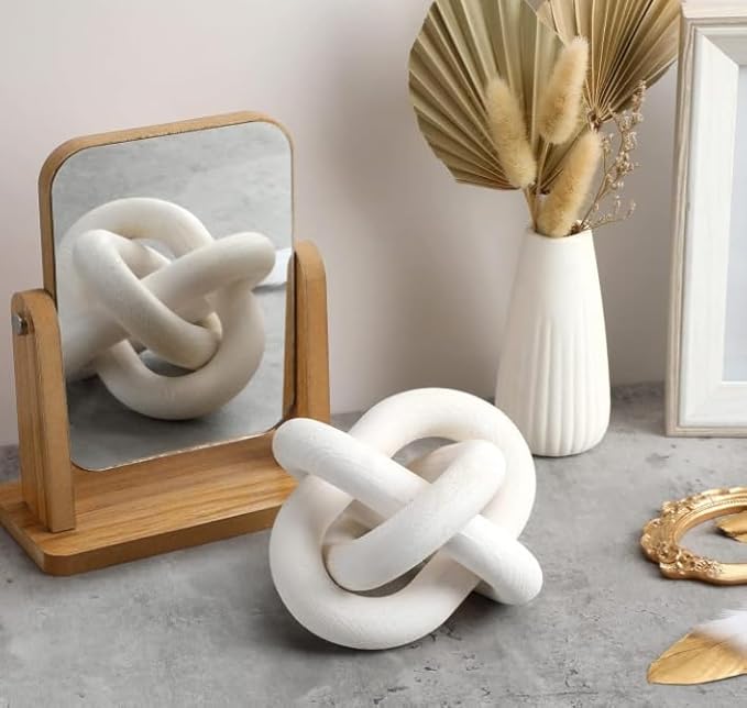Wood Chain Link Decor 3-Link, 6 Inch Dia Hand Carved Decorative Knot, White/Wood Color, Coffee Table Decor, Country Style, Mom Gifts