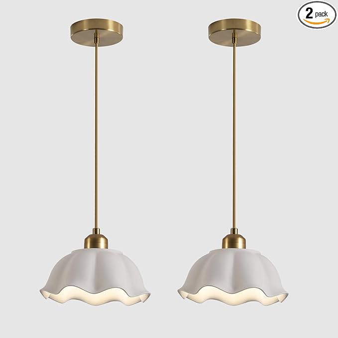 Modern Gold Milk Glass Pendant Light Mid Century Adjustable White Ceramic Hanging Light Fixture Vintage Brass Pendant Light Kitchen Island Nordic Hanging Lamp (2 Pack) MPL11-2 GD