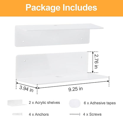 9 Inch Acrylic Floating Shelf No Drill Adhesive Wall Shelf Set of 2 for Funko Pop Storage, Floating Shelves Damage-Free Expand Wall Space for Living Room, Bathroom, Gaming Room, Office - White