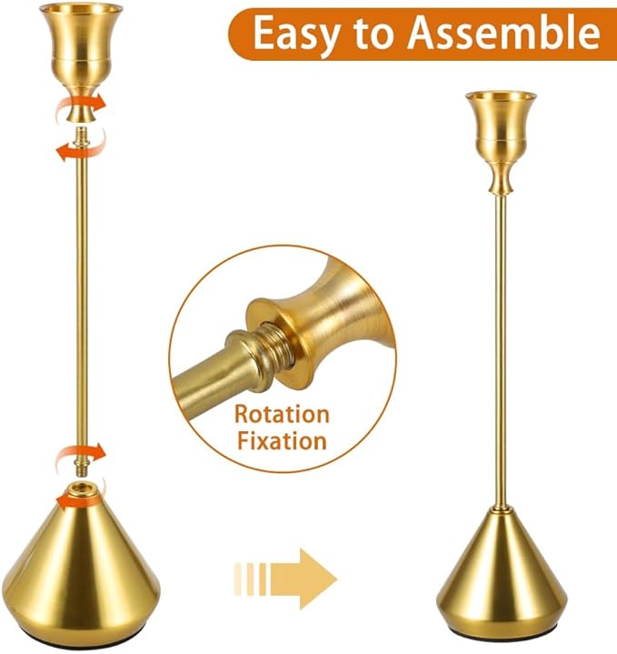 Elegant Vintage Brass Gold Candlestick Holders, Set of 3 Taper Candle Holders with Weighted Base for Wedding, Dining Table, Holiday Decor
