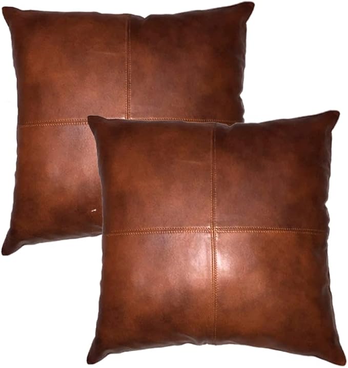 Lambskin Leather Pillow Cover - Sofa Cushion Case - Decorative Throw Covers for Living Room & Bedroom, 20x20 Inches - Tan Antique Pack of 2